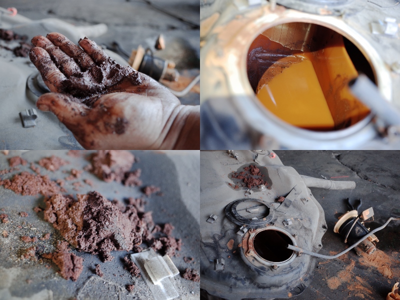 檢修過程發ㄒ驗汽油壓力不穩、油桶內有鐵銹，隨即進行維修